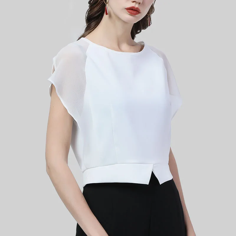 Elegant Women' Summer Short Sleeve Crew-neck Chiffon Top Loose Casual White Blouses Office Ladies Working Blouses Pullovers