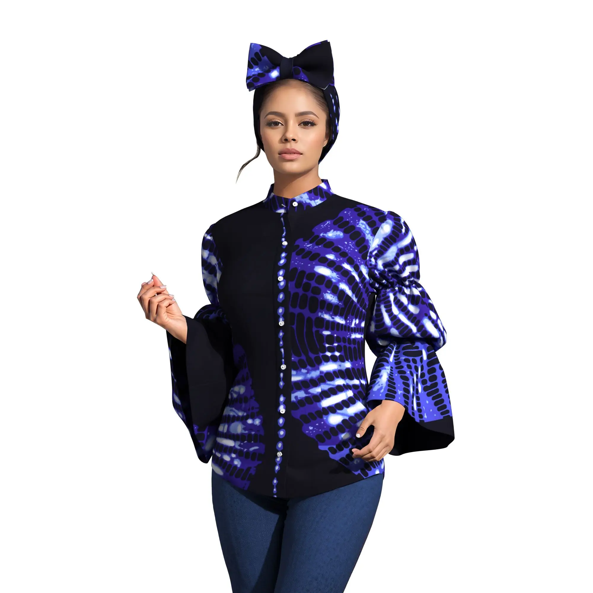 

Африканская рубашка-блузка для женщин, с принтом Дашики Анкара, длинный рукав, с головным платком, куртка с батик-принтом, хлопок, Wy10480