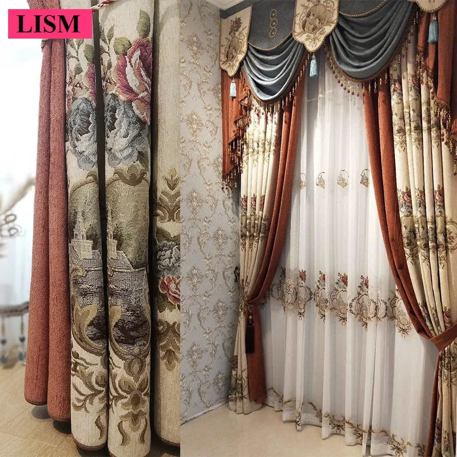 

High-end Chenille Jacquard European Curtains for Living Room and Bedroom Luxury Customized Valance Blackout Embroidered Yarn Set