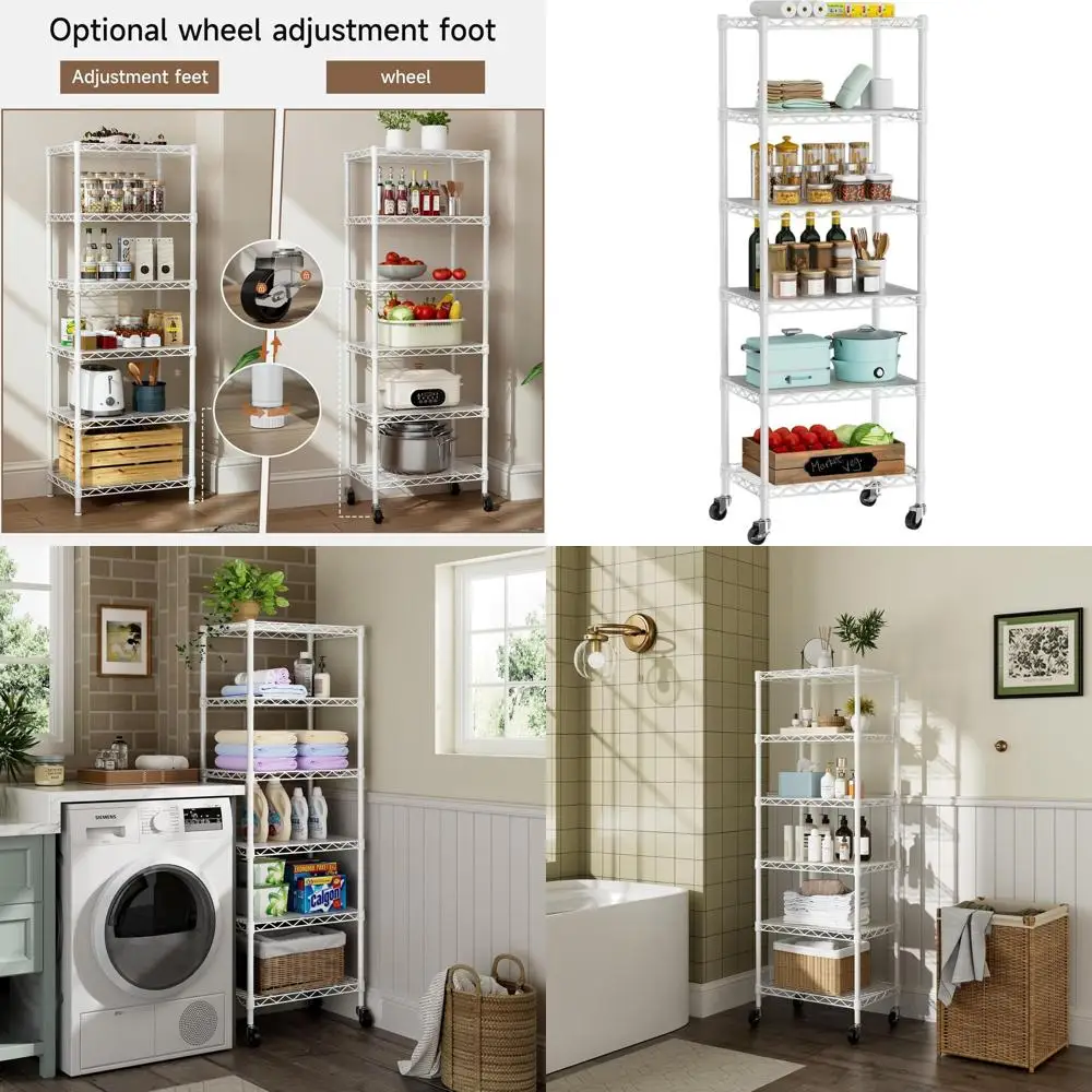 

6-ярусный металлический стеллаж на колесах - регулируемые металлические полки для хранения на кухне, в ванной и прачечной