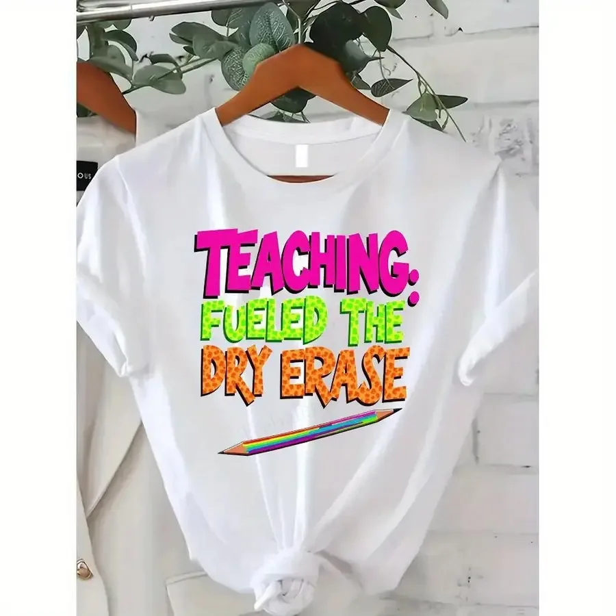 

[Back to School]Women's T-shirt Teaching Fueled The Dry Erase Funny Teacher T-Shirt for Women Casual Summer Top Colorful Pencil
