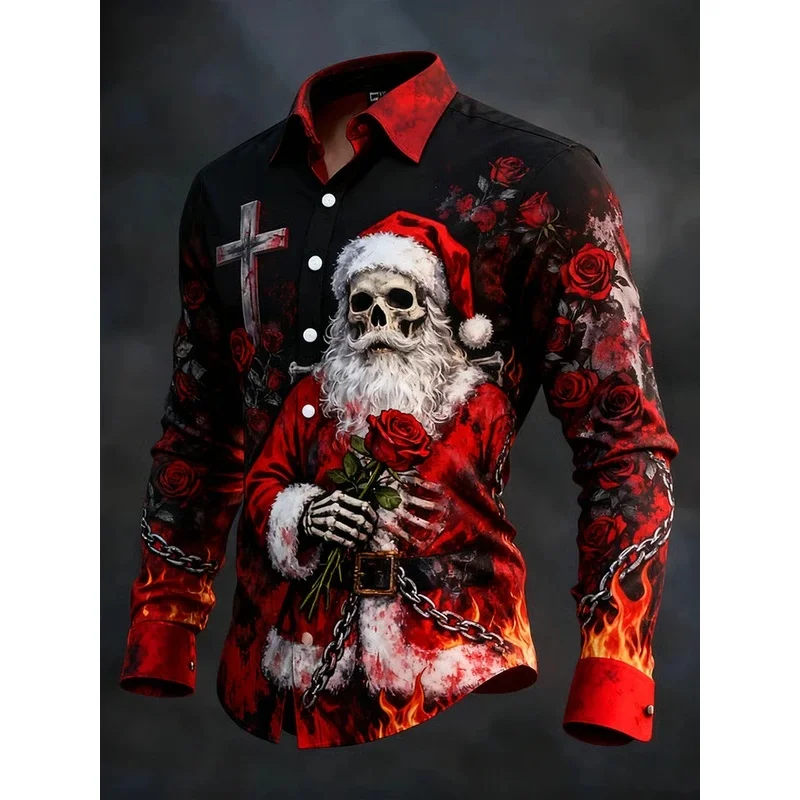 Gothic Christmas Skull Print Men's Long-Sleeve Shirt with Santa Claus Skull Print - Casual Fit for Christmas Celebrations