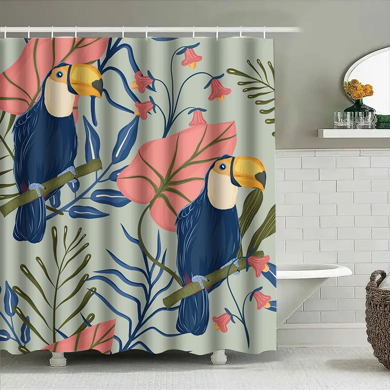 

Художественная занавеска для душа с цветочным рисунком птицы, синий тукан, розовые цветы, современный декор для ванной комнаты для дома, водонепроницаемая ткань, простая установка
