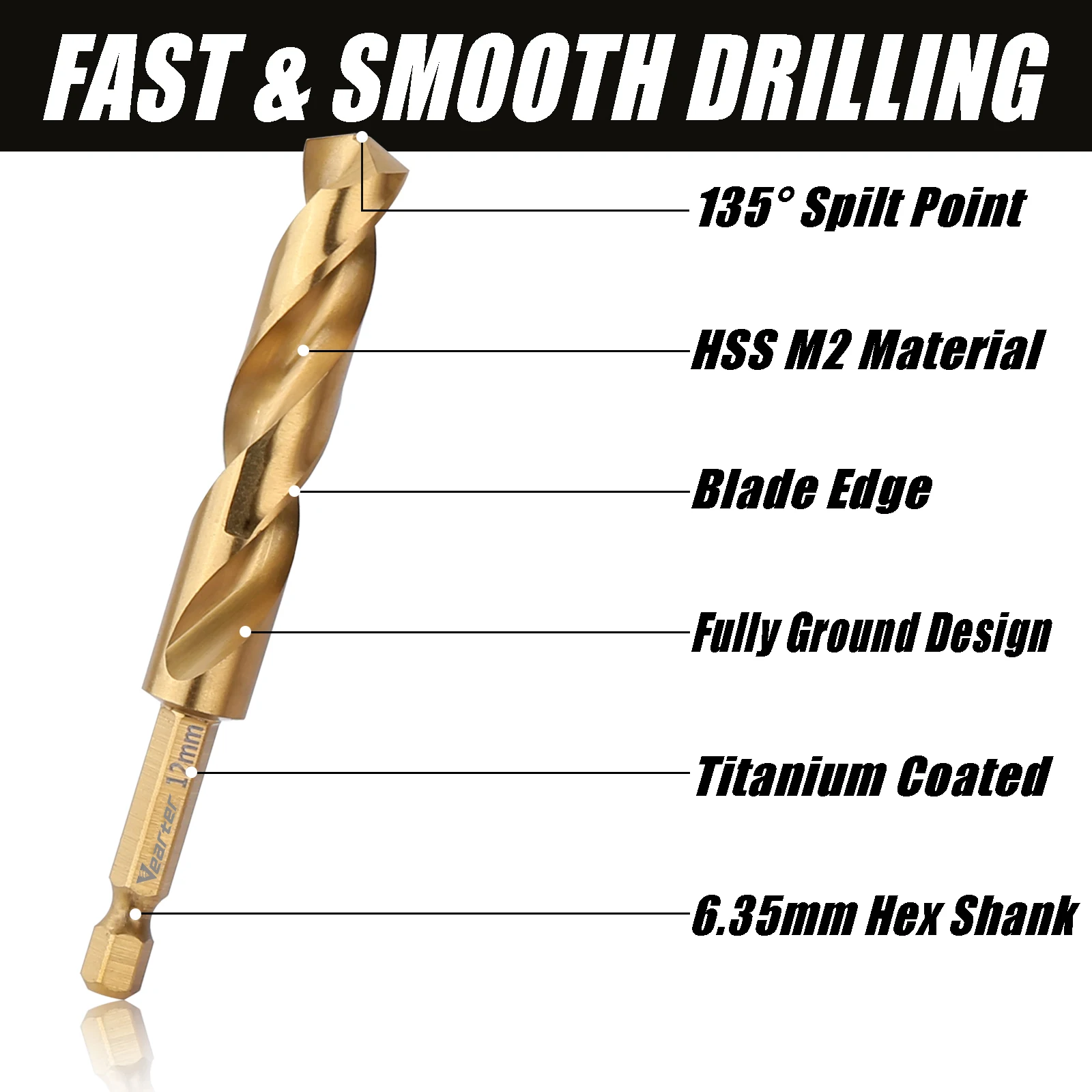 Vearter-Juego de brocas de Material HSS M2, 5 piezas, 5/6/8/10/12mm, sierra de agujero Jobber helicoidal de titanio, vástago hexagonal de 1/4