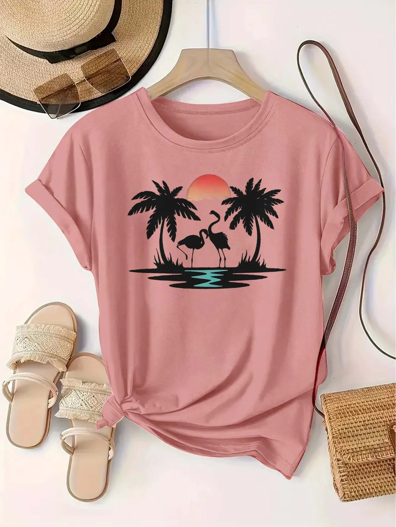Plus Size Tropical Sunset Palm Tree Flamingo Camiseta Estampada Top Estilo de Férias Requintado