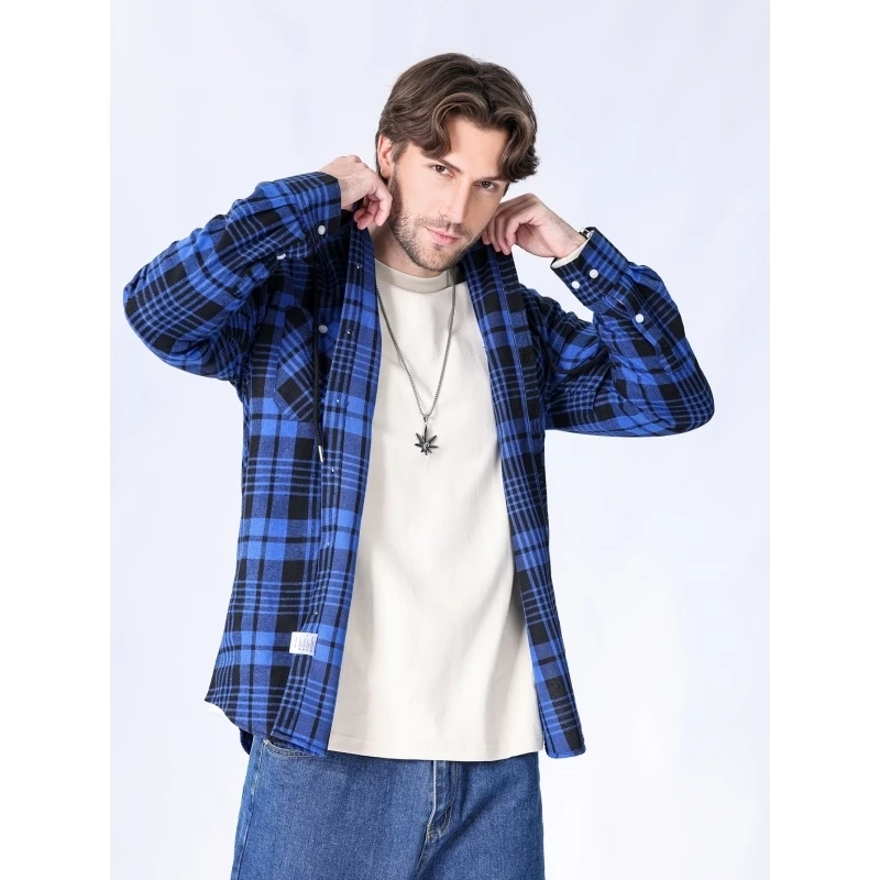 Harajuku Flannel Plaid Shirts for Men Camisas Streetwear 2024 Vintage Long Sleeve Casual Hip Hop Hooded Cardigan Jacket Coats