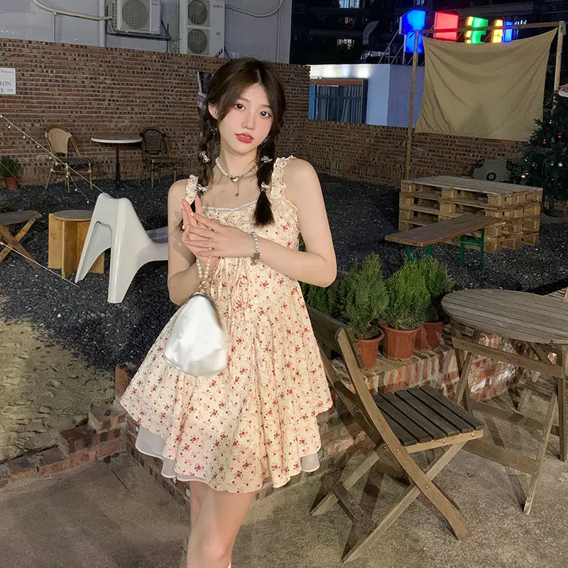 Frauen Floral Hosenträger Mini Kleid Japanischen Süße Gedruckt Bandage Taille A-linie Kleider Sommer Chic Casual Strand Vestidos