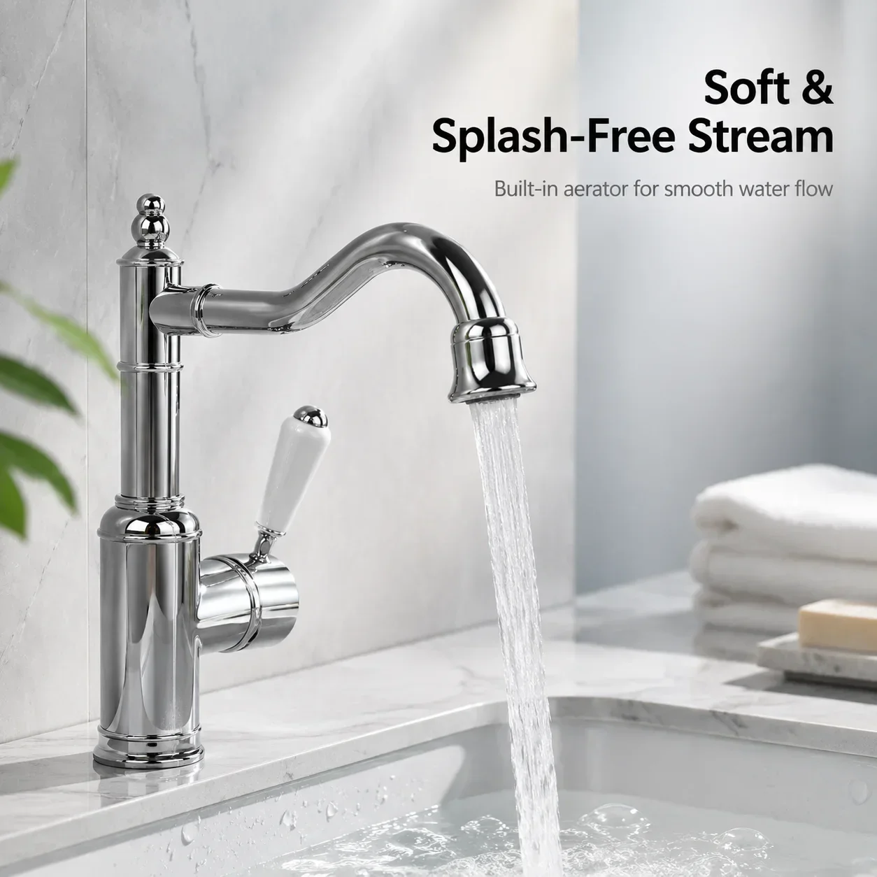 European style bright chrome brass basin faucet, white ceramic handle, 360 ° rotatable spout, bathroom sink, hot and cold hand w