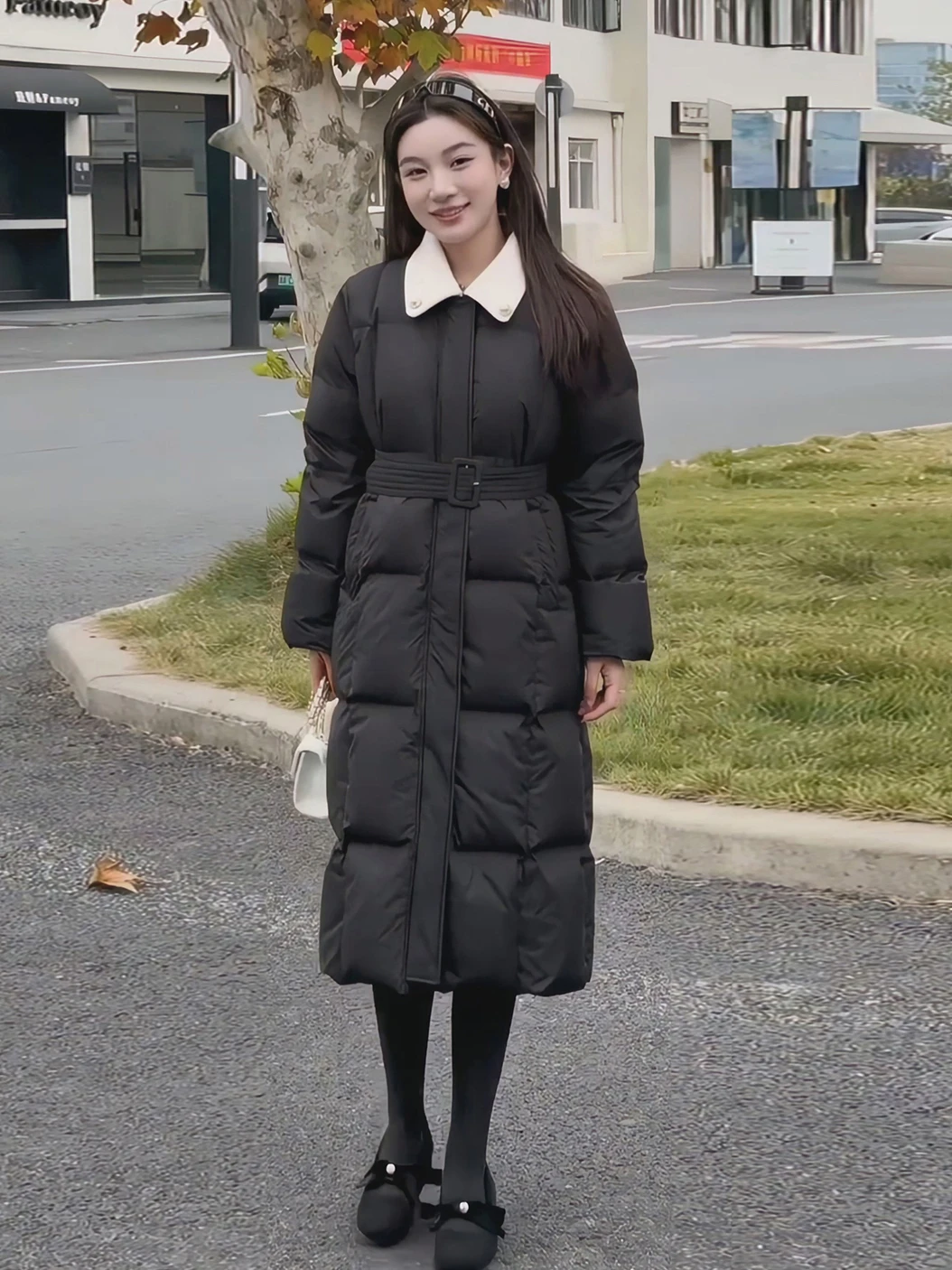 

Элегантное длинное белое пуховое пальто Ele Long White Du с воротником-стойкой для женщин, зимнее, средней длины, в стиле Rich Girl Sensation