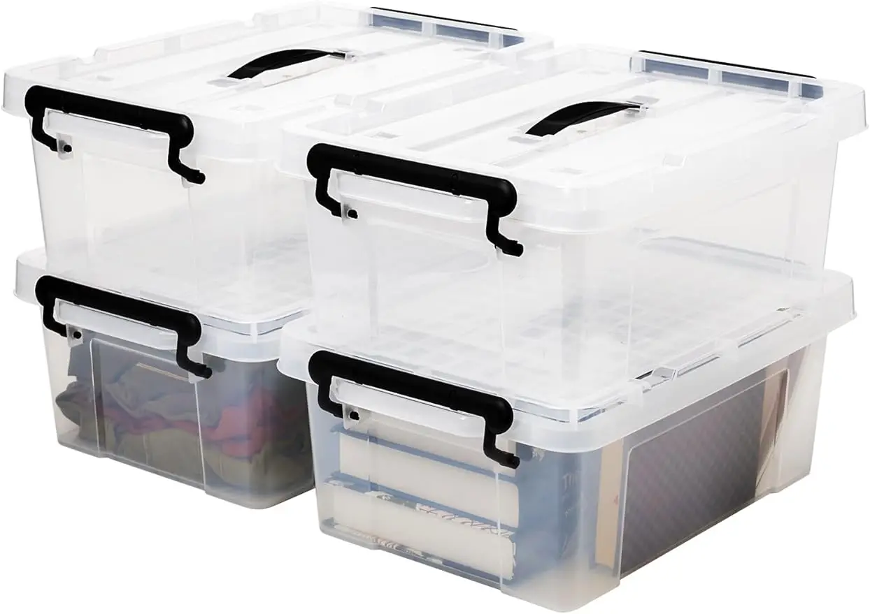 15 Quart Lidded Plastic Storage Bin Boxes, Clear Stackable Container Baskets with Top Handle and Latching Lid - 17 x 12