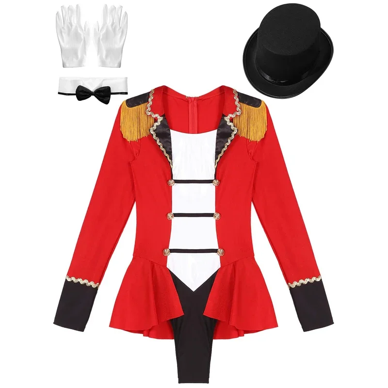 RT01 Damen Circus Ringmaster Halloween-Kostüm-Set, langärmelig, Revers, Fransen, Schulter-Body mit Hut, Schleife, Kragen, Handschuhe für & Gf1