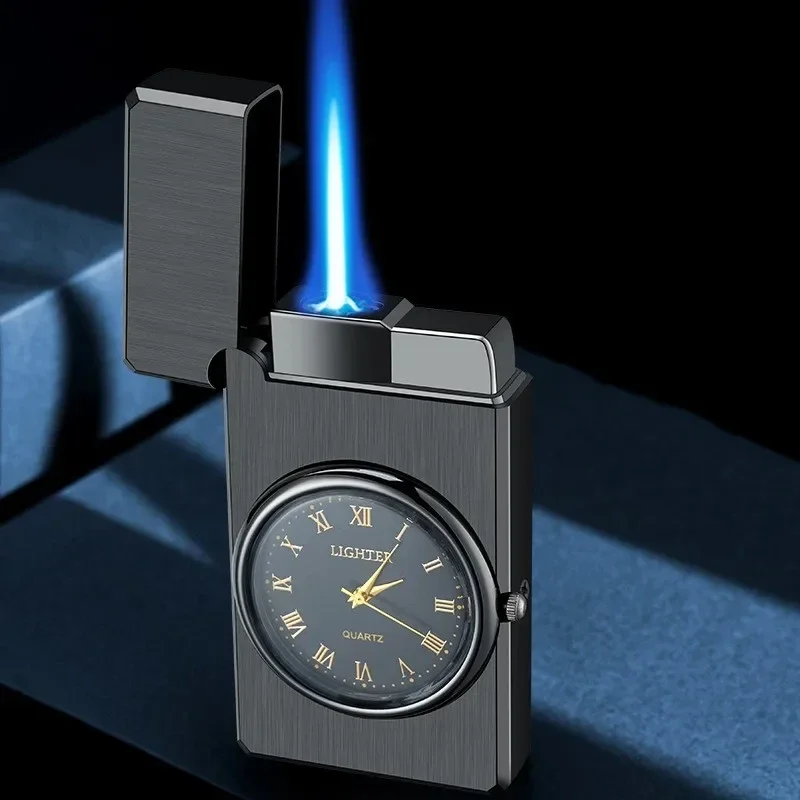 New Watch Clamshell Crisp Sound Gas Lighter Strong Windproof Blue Jet Flame Metal Turbine Torch One Key Efficient Ignition