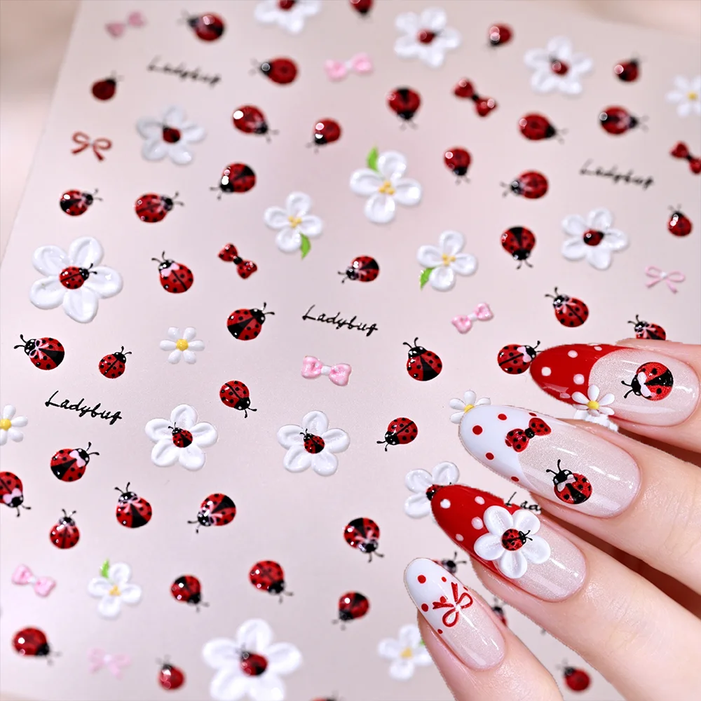 1Pcs 5D Embossed Ladybug Flower Nail Stickers Red Beetle White Floral Adhesive Nails Decals for Spring Summer Manicure Decor nk