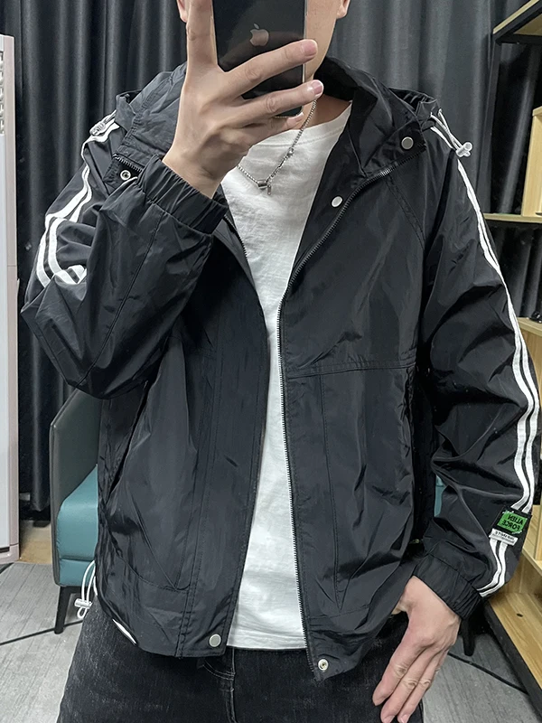

Men's Loose Fit Stripe Jaet Casual Leisure Windproof Sun Protection Hooded Zipper Closure Long Sve Faion Urban Sle Coat