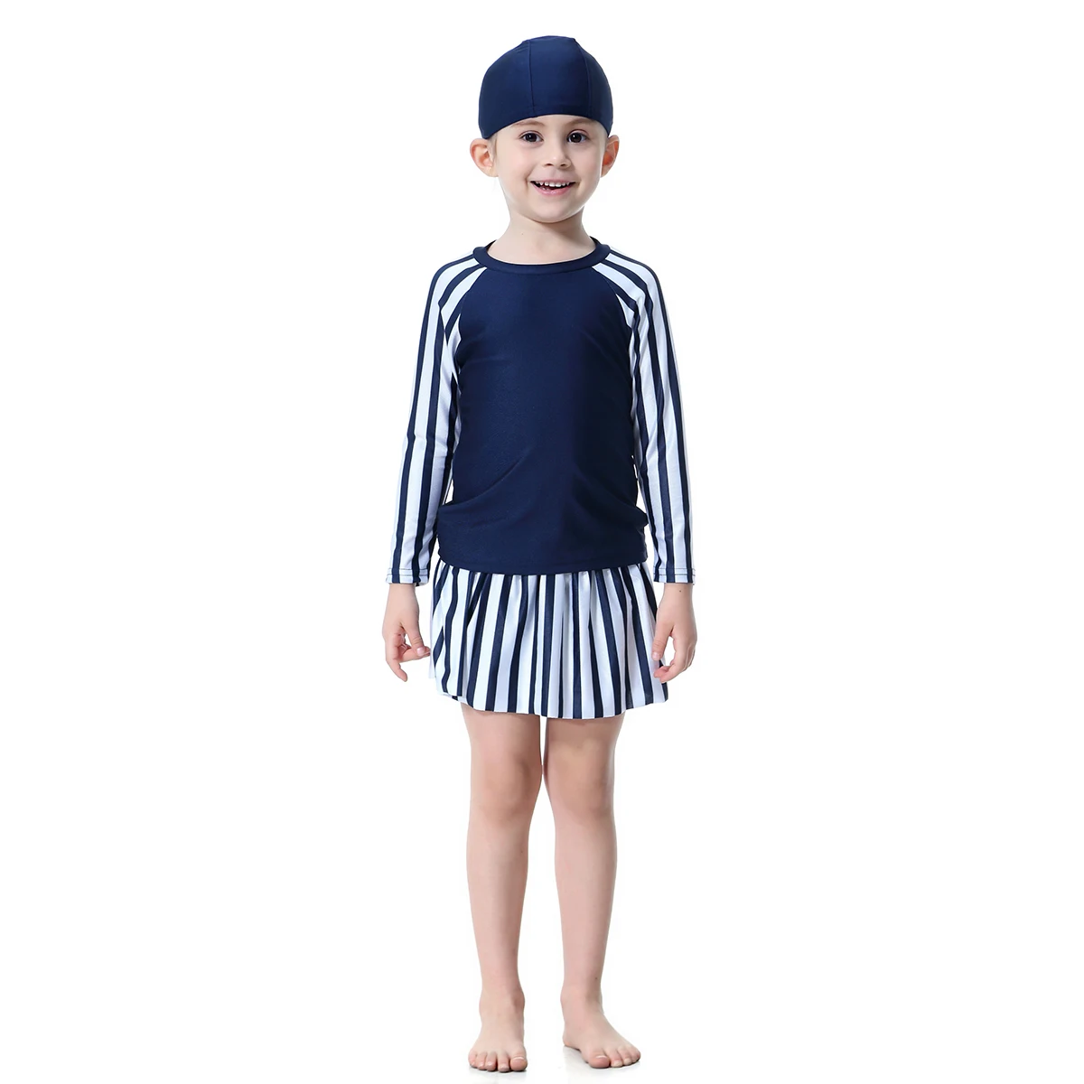 

3-12 Years Summer Muslim Girls Long Sleeves Round Collar Striped Swimming Clothes Arab Kids 3 PCS Full Cover Swimsuits
