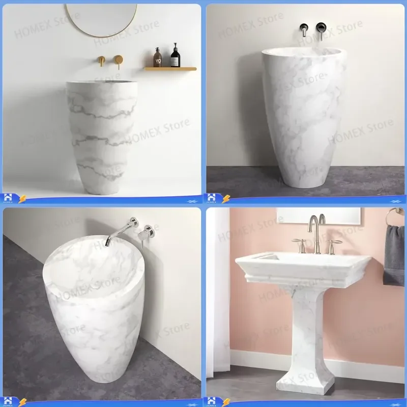 Custom White Marble Oval Column Sink Modern Single Hole Faucet Mounted Easy Clean Eco Friendly Bathroom Basin Vanity