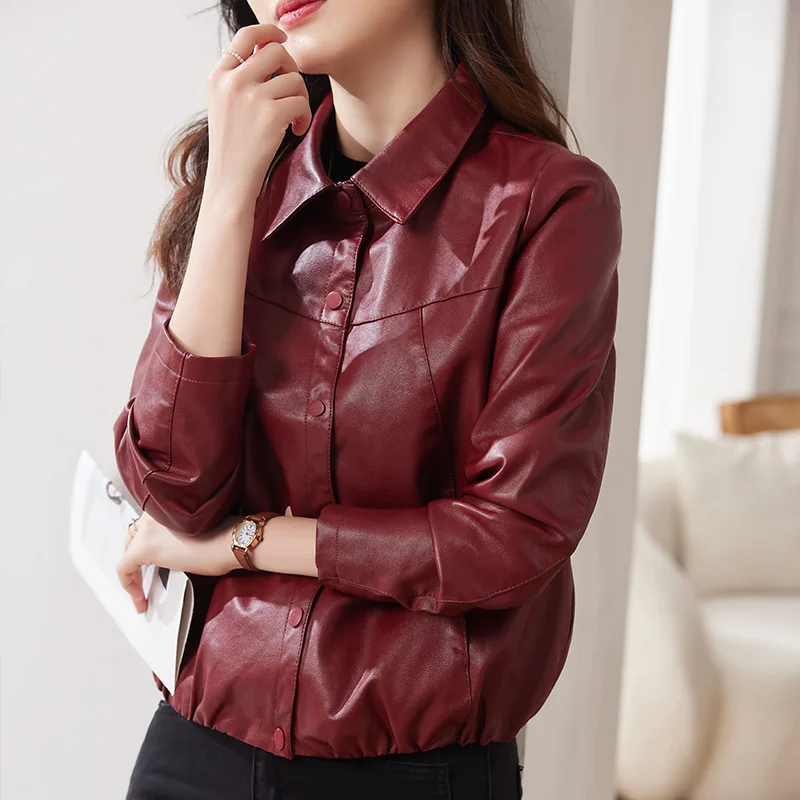 Women's short leather jacket loose slimming short leather jacket