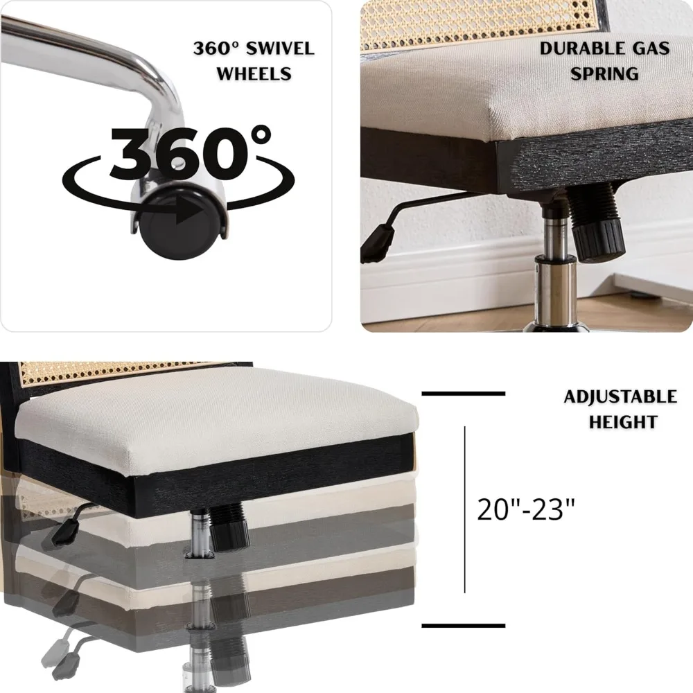 籐デスクチェア リネン生地張りコンピューターオフィスチェア、360 °   回転式ワークチェア（ホイール付き）快適なアームレスチェア