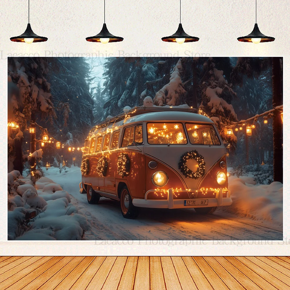 Fondo de fotografía de nieve de coche de Camper de invierno 2025 fiesta de Navidad árbol de Navidad retrato de familia de niños foto telón de fondo accesorios de estudio