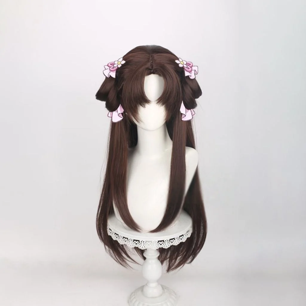 Anime Lishu Cosplay Wig Long Brown Scalp Top Heat Resistant Synthetic Hair Bun For Halloween Party Women