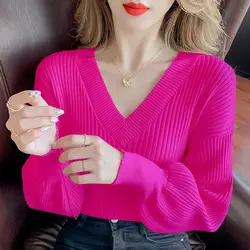 Fashion V-Neck Solid Color Knitted Lantern Sleeve Sweaters Women Clothing 2023 Autumn New Oversized Casual Pullovers Korean Tops