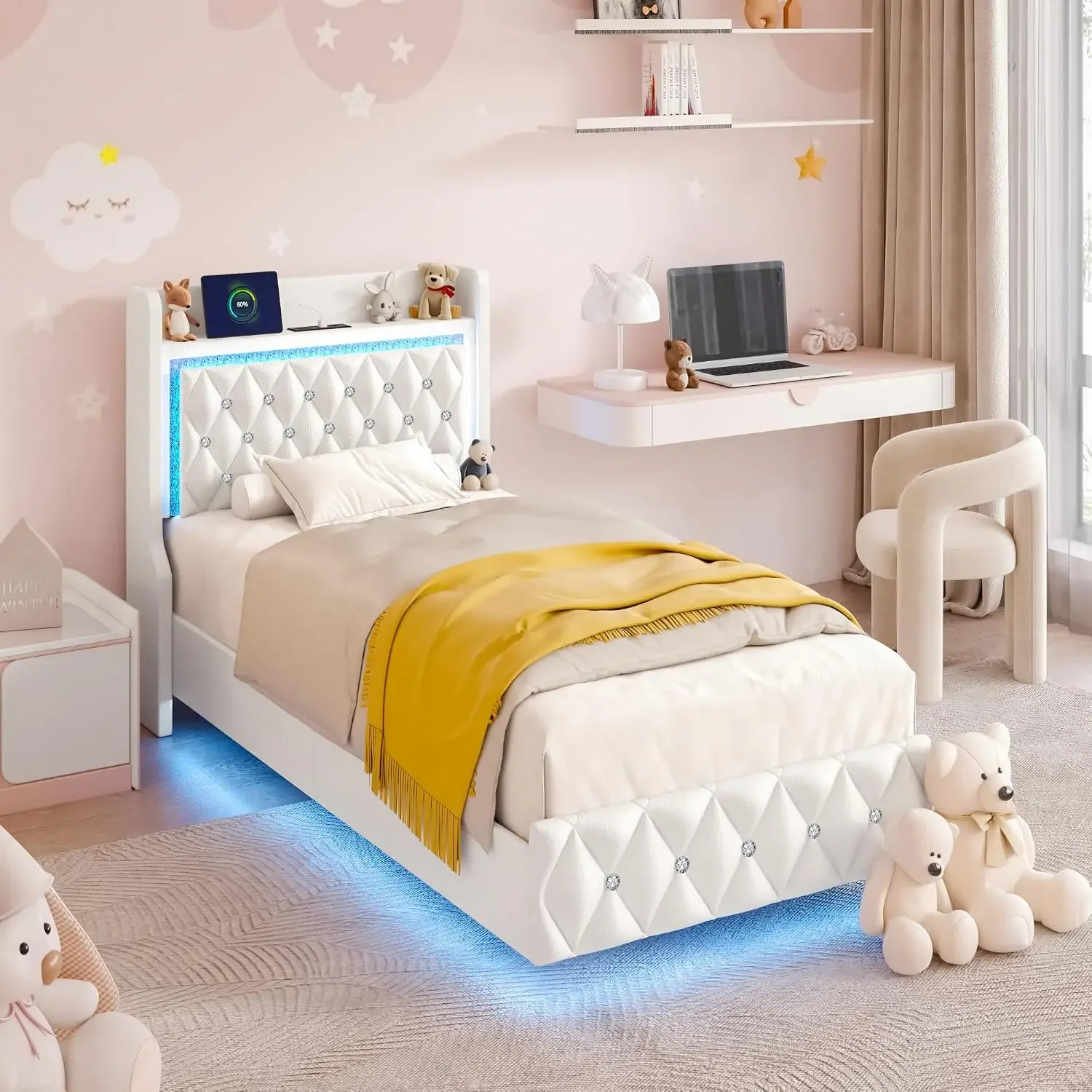 Floating Twin Bed Frame with LED Light, Upholstered Platform Twin Bed with Charging Station & Wingback, Diamond Tufted Storage