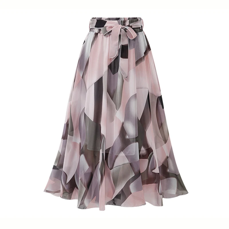 Faldas con estampado Floral para mujer, falda informal holgada con cintura elástica de talla grande, cinturón, corte en A, gasa, para playa, verano 2024