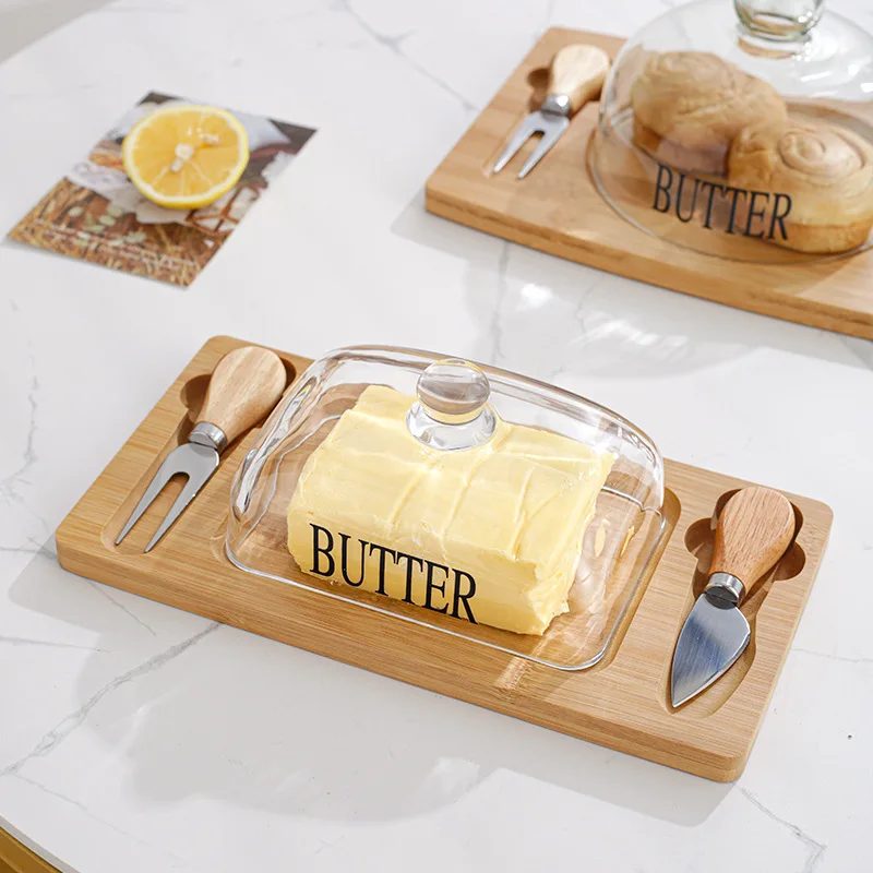 Glass Lid Butter Storage Jar with Tray Cheese Storage Box Dessert Plate Box with Knife Butter Dishware Kitchen Storage Container