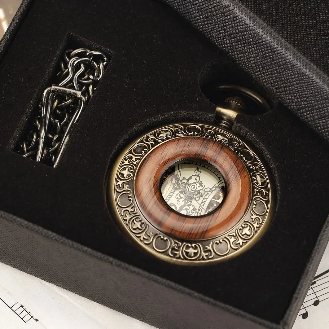 ساعة جيب هيكل عظمي بحلقة خشبية فاخرة عتيقة، أرقام رومانية يدوية، ساعة جيب ميكانيكية reloj de bolsillo