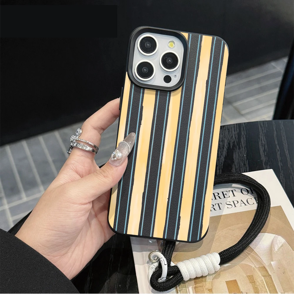 Contrast Stripe Hand Wrist Strap Leather Phone Case For iPhone 17 13 11 12 Pro Max Plus 15 14 16 XR XS 17 Air With Lanyard Cover view 6