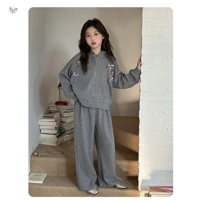 طقم هوديي كاجوال جديد لخريف وشتاء 2025 للفتيات مع مخمل مضاف وسمك سميك، سروال مريح واسع الساق #5