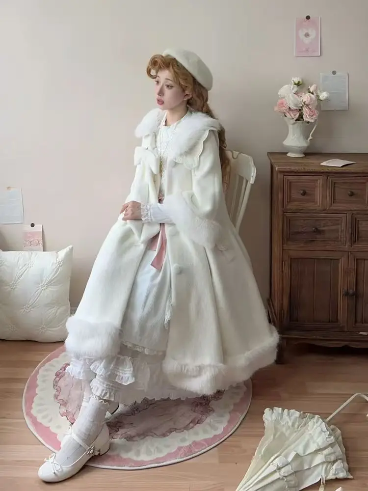 الشتاء الحلو موضة الصلبة معطف طويل نمط المرأة تصميم Kawaii القوس معطف طويل الأكمام الإناث جميل جديد لوليتا معطف دافئ