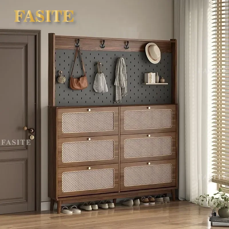 For Solid Wood Ultra-thin Shoe Cabinet Door Chinese Tipping Bucket Hole Board Coat Rack Indoor Entrance Cabinet Integrated