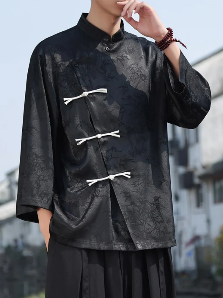 

Новая мужская рубашка в китайском стиле, летняя, тонкая, из ледяного шелка, с рукавом 3/4, с охлаждающим эффектом, повседневная, свободного кроя, на пуговицах, молодежная мода