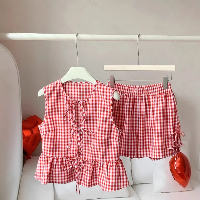 Verão feminino doce rendas até conjuntos de gravata borboleta k-estilo xadrez rendas sem mangas colher pescoço bonito saia de cintura alta conjuntos casuais para senhora