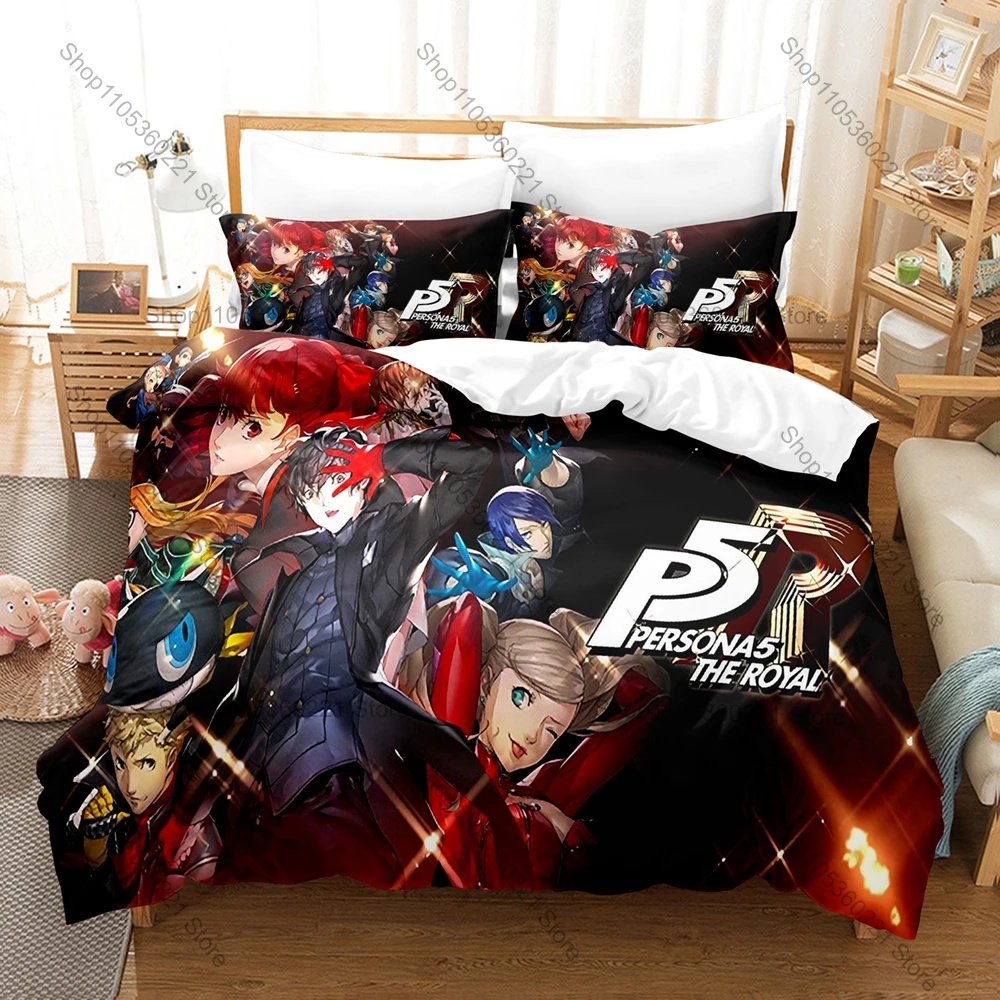 Cool Classic RPG P-Persona 5 Duvet Cover + 2 Pillowcases, Cartoon Role Pattern Soft Bedding Set for Home Decor