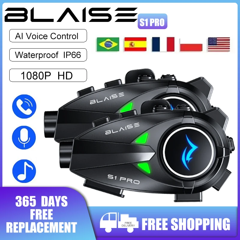 BLAISE S1 Pro Motorcycle Helmet Intercom Bluetooth Headset 1080P HD Camera IP66 Waterproof Music Share 2 Riders 1000M Interphone