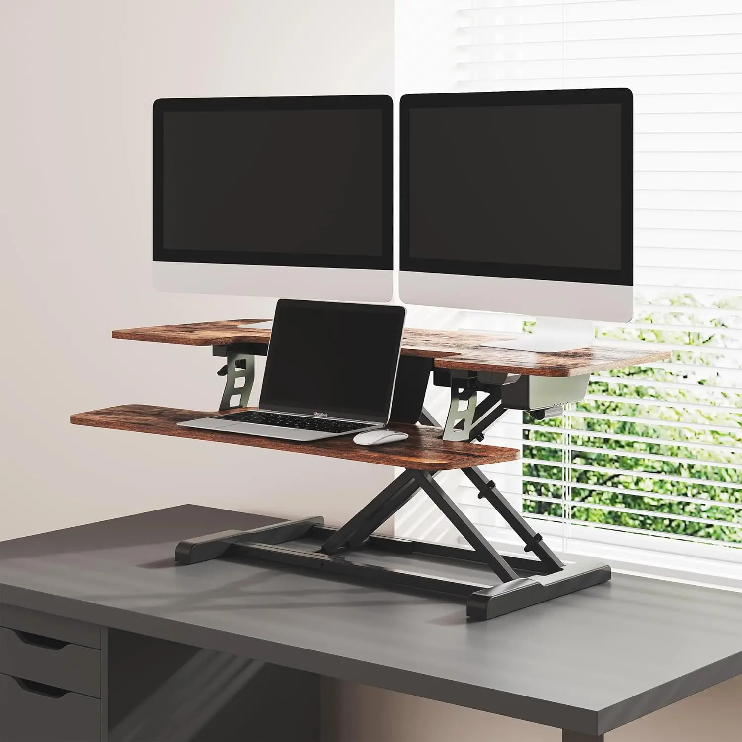 Electric Motorized Adjustable Standing Desk Converter 40 Height, Quick Release Keyboard Tray, Ergonomic Desk Riser for Office Us