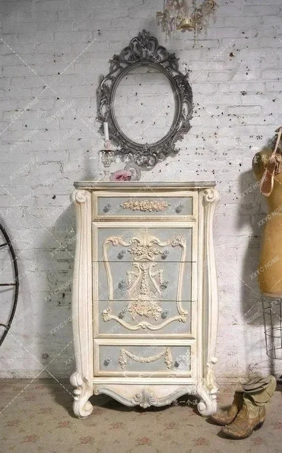 L Distressed Five-Drawer Cabinet  Country Style Solid Wood Entryway Storage Drawer Cabinet