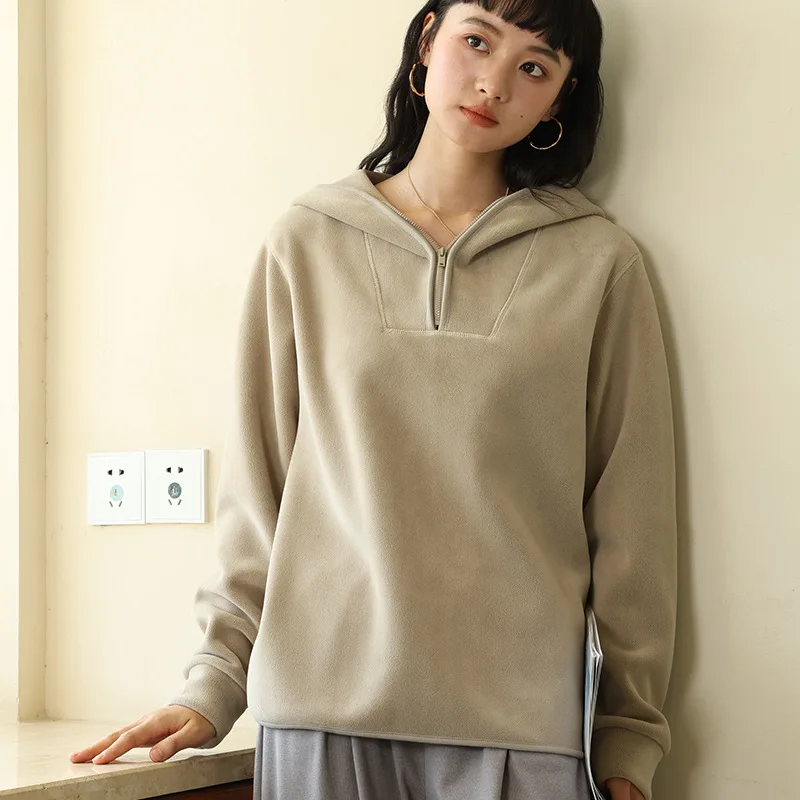 Women's Thickened Long Sleeve Half-Zip Hoodie Casual Autumn Winter Sports Pullover Solid Loose Fashion Hooded Sweatshirt