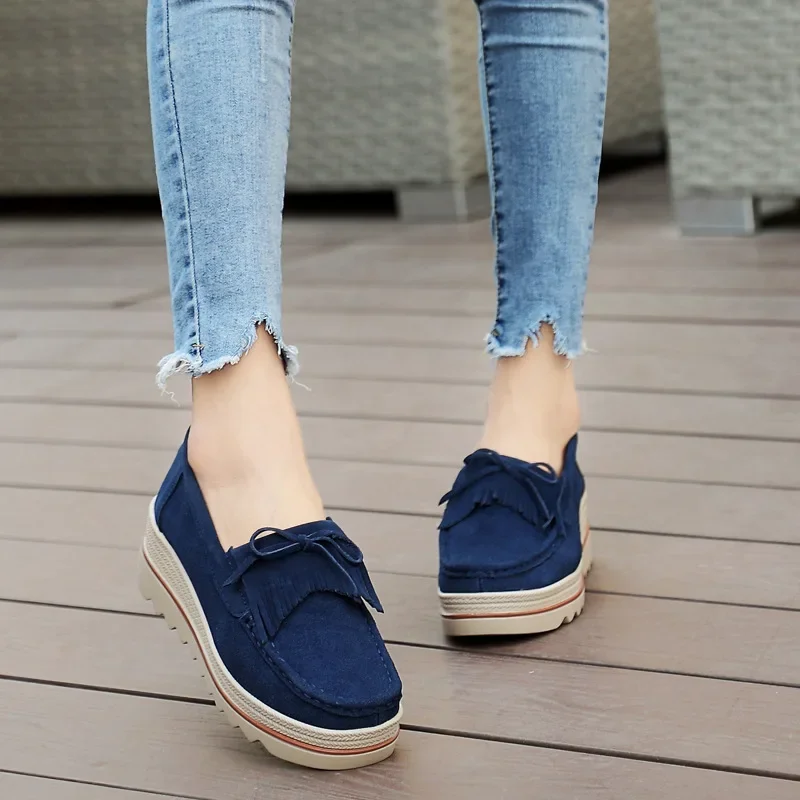 Women Cow Suede Casual Shoe Lady Wedge Platform Shoes Heigth Increasing Women Shoes Female Tassel Muffin Shake Casual Sneakers