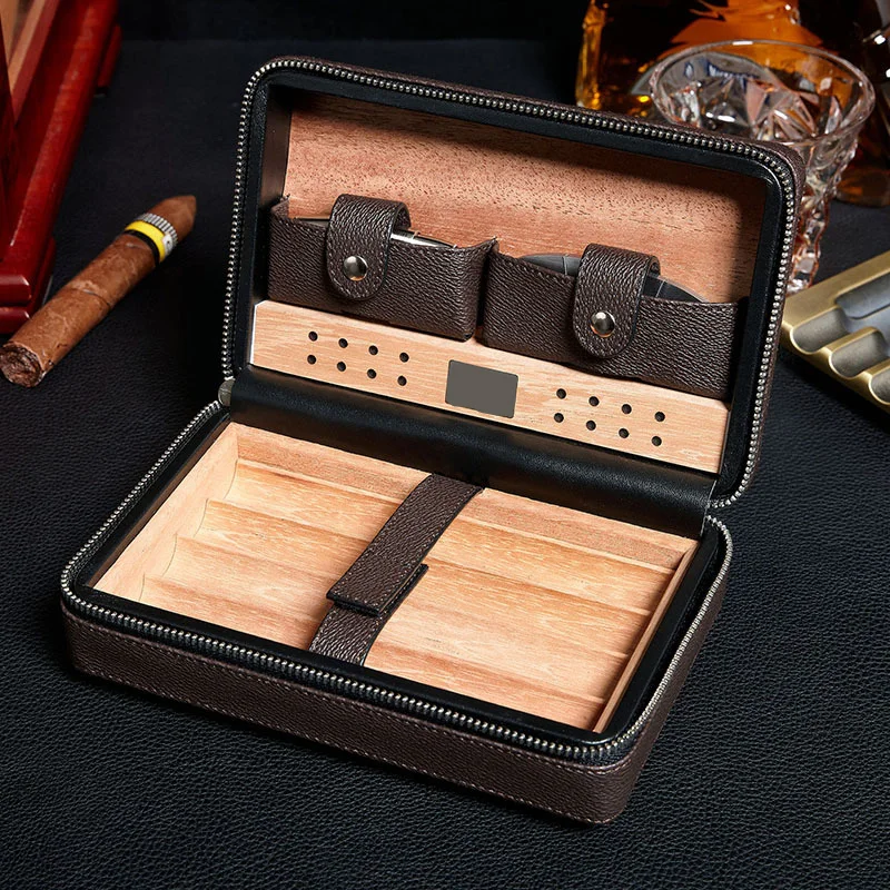 Cigar Case Humidor 4-pack Cedar Wood leather Cigar Storage Box