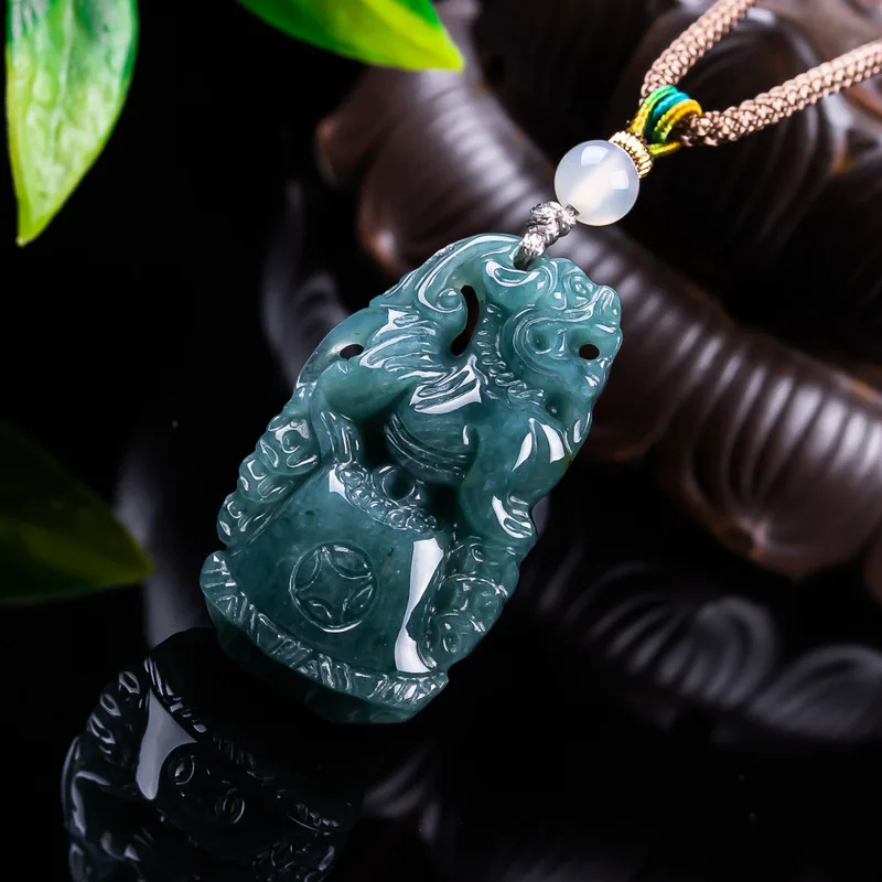 Genuine A-grade jadeite ice-type full-color blue water Pixiu pendant, finely carved on sides, suitable for both men and wom