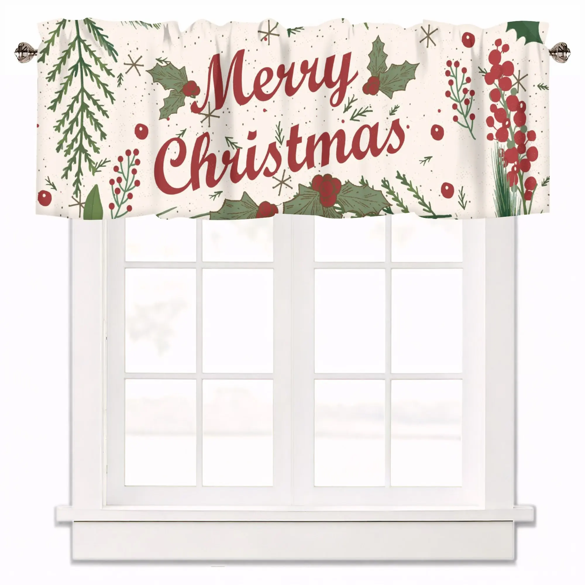 

Рождественская балдахин для фермерского дома Holly & Pine Needle — 1-панельный светло-серый кухонный топпер для штор с карманом для стержней для обработки окон