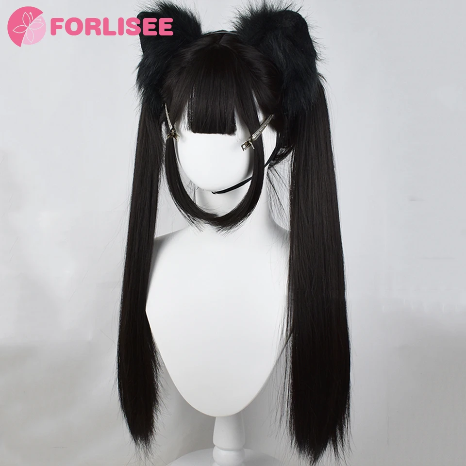 FORLISEE Synthetic Lolita Princess Cut Hairstyle Natural Black Extra Long Straight Wig For Women Daily Party Use 35 Inch