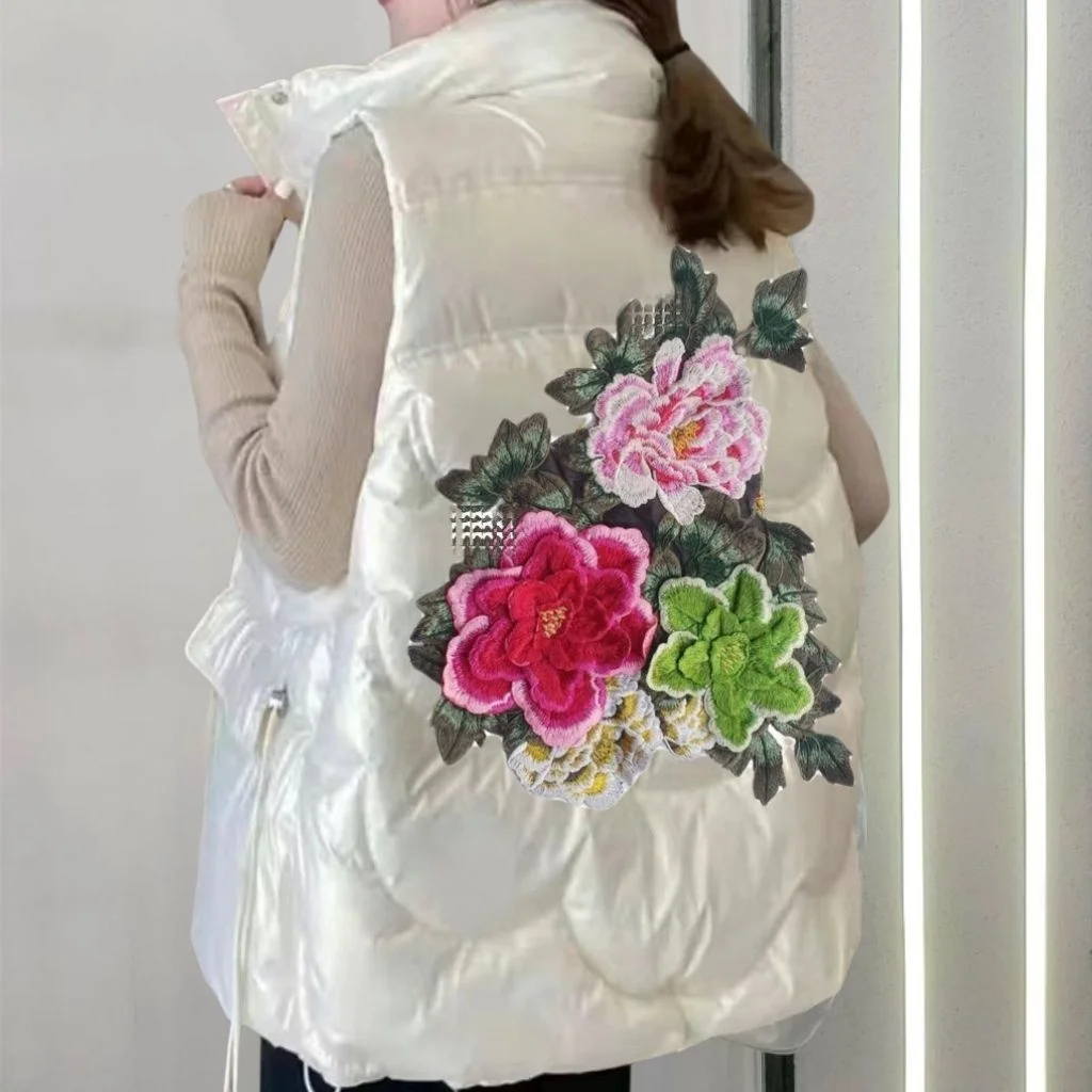 

Autumn Winter ort Sle Floral Pattern down Jaet Women's Vest Stand Collar Faionable Svel Top Zipper Closure