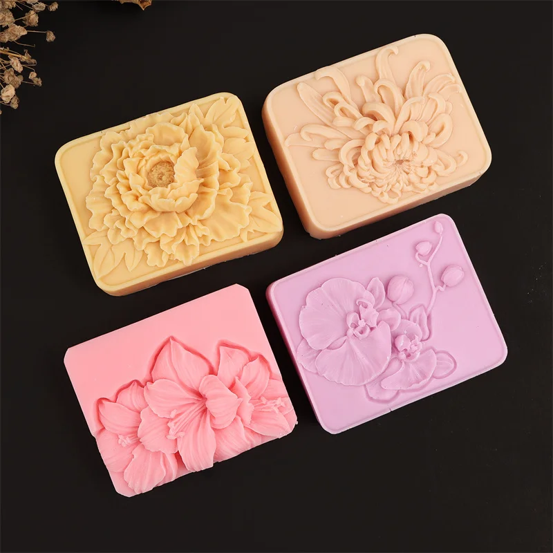 Floral Embossed Silicone Soap Mold, Rectangle Peony Chrysanthemum Orchid Maple Leaf Relief Mold DIY Soap Candle Resin Plaster view 2