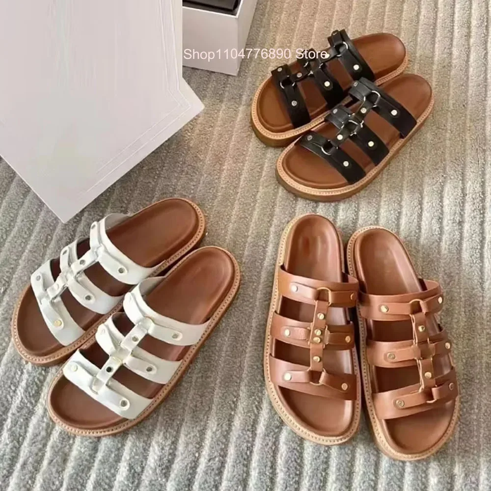Image of Estate nuovo Arc de Triomphe sandali da donna con suola spessa a tre cinturini rivetti open-toe tacco spesso slip-on sandali in pelle romana cod004