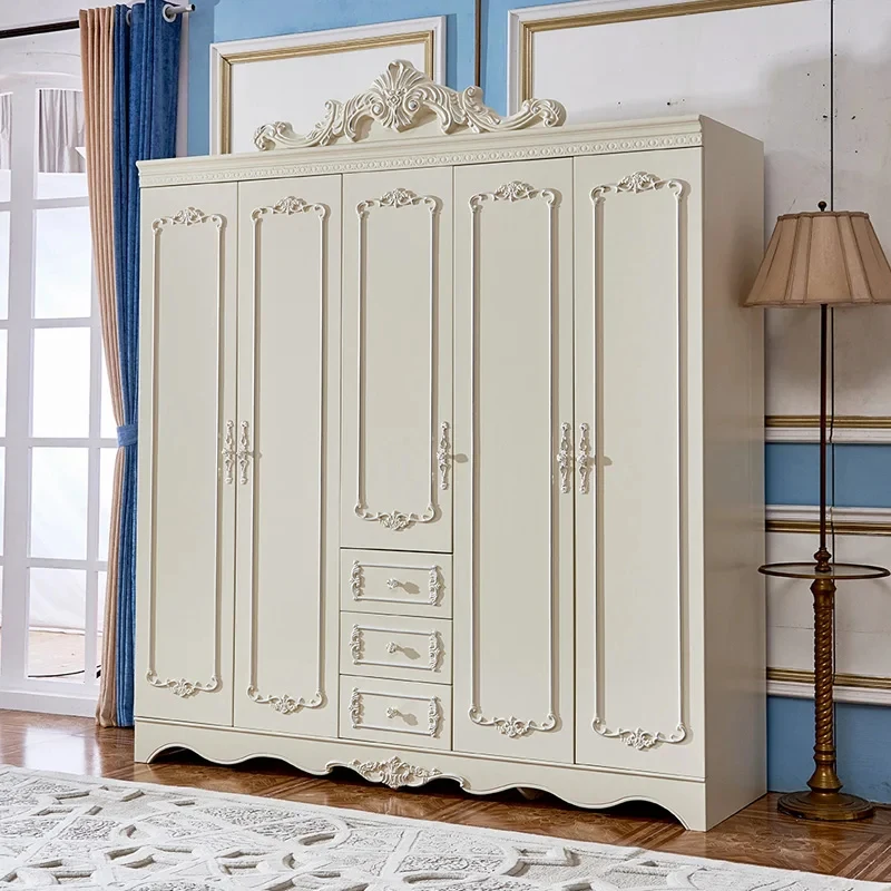 

(Sea shipping) European three-four-five-door wardrobe, simple bedroom French pastoral wardrobe, opposite-door design with top ca