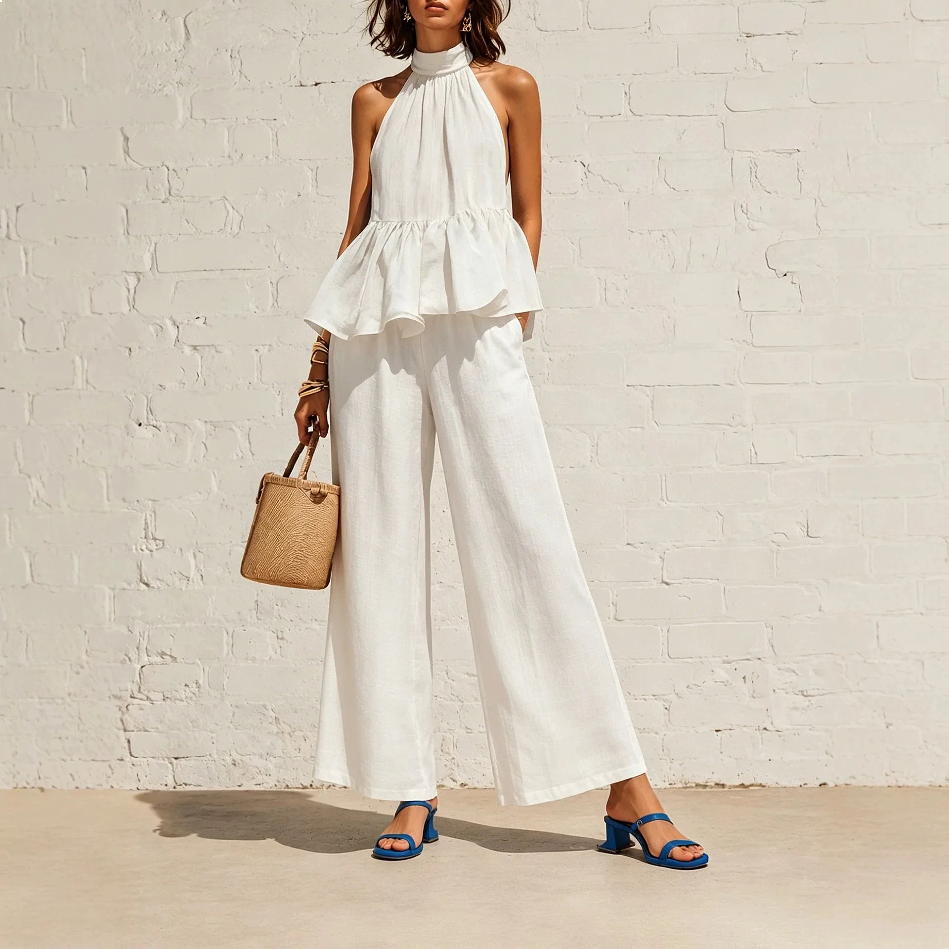 Women's Casual Hanging Neck Ruffle High Waist Loose Pants Two Piece Matching Set